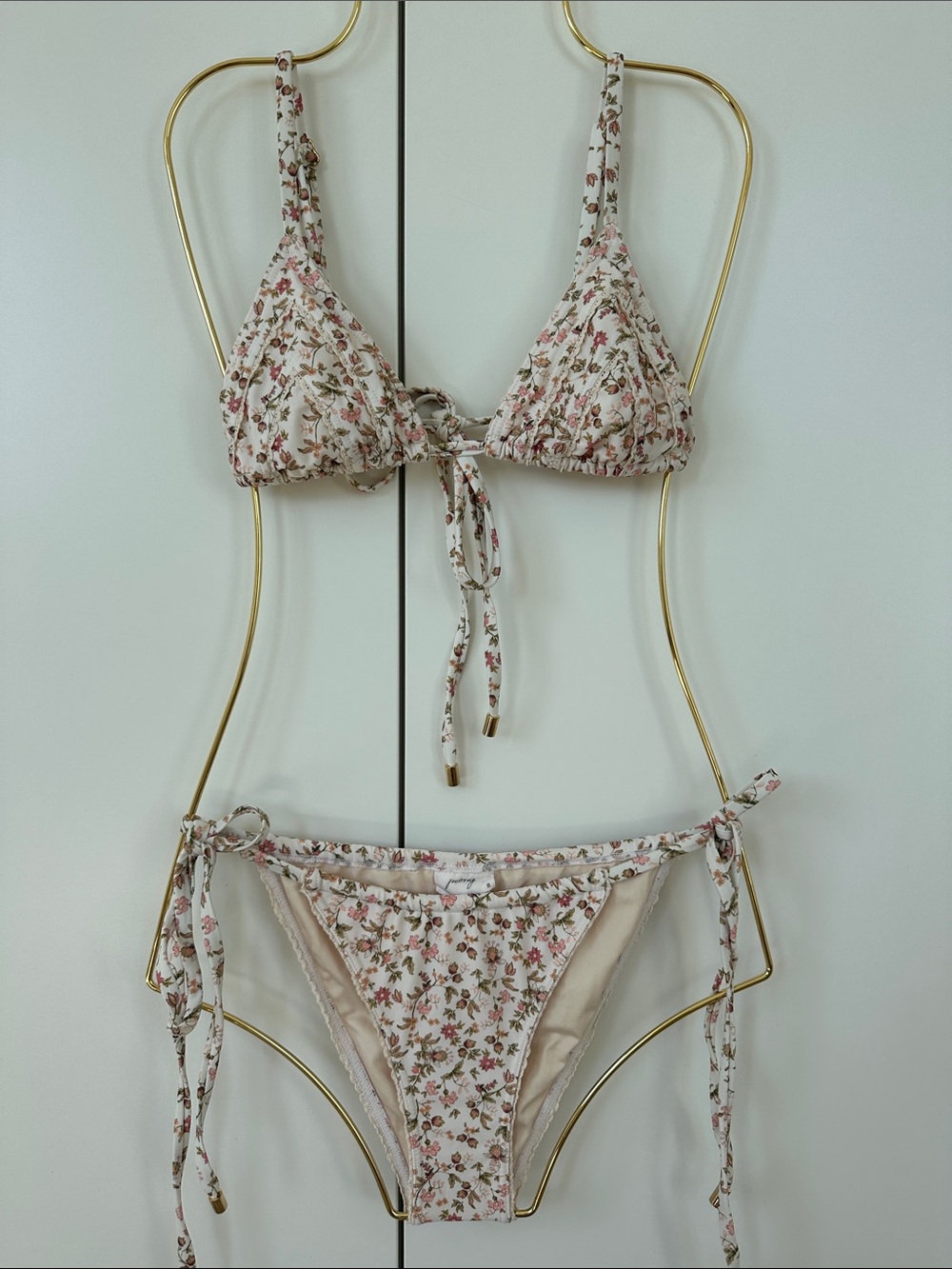 peony White Floral Bikini with Triangle Top and Tie-Side Cheeky Bottom, Size S